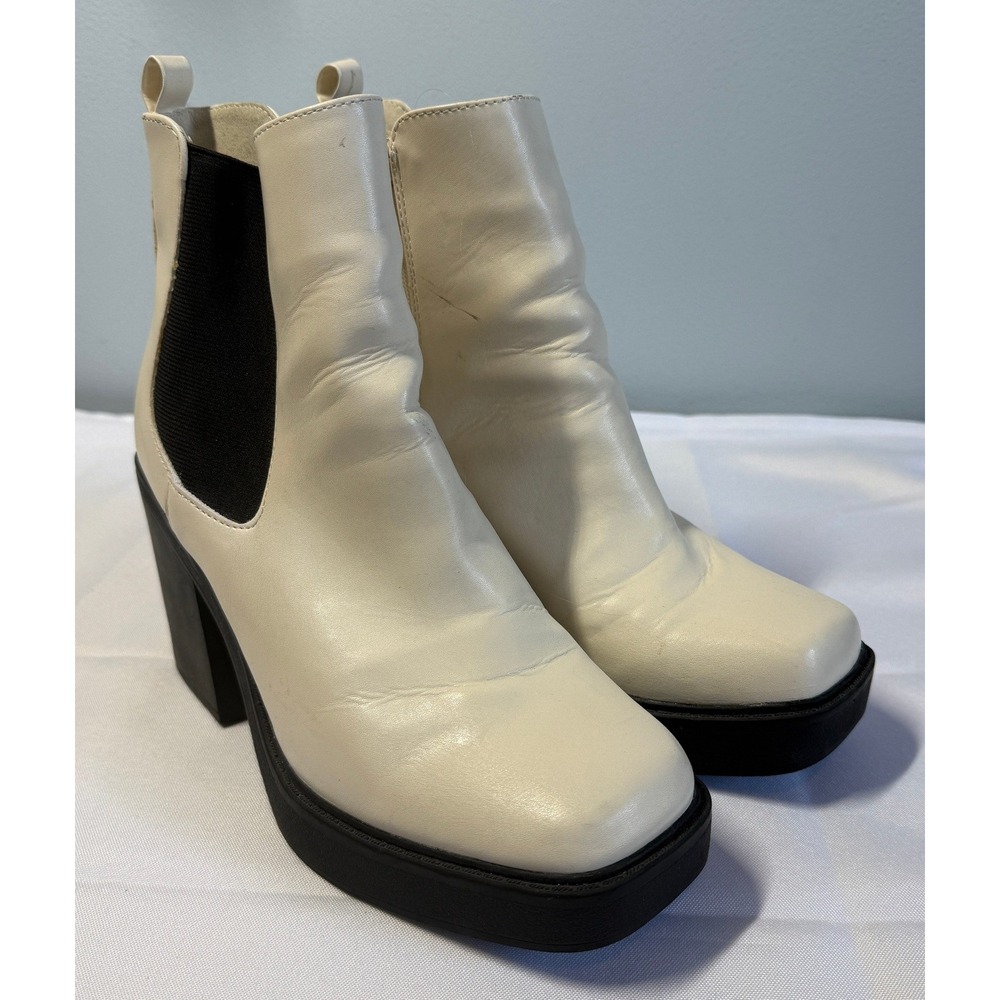 MIA Cream Square Toe Platform Ankle Boots Chunky Block Heel Lug Sole Womens 9M
